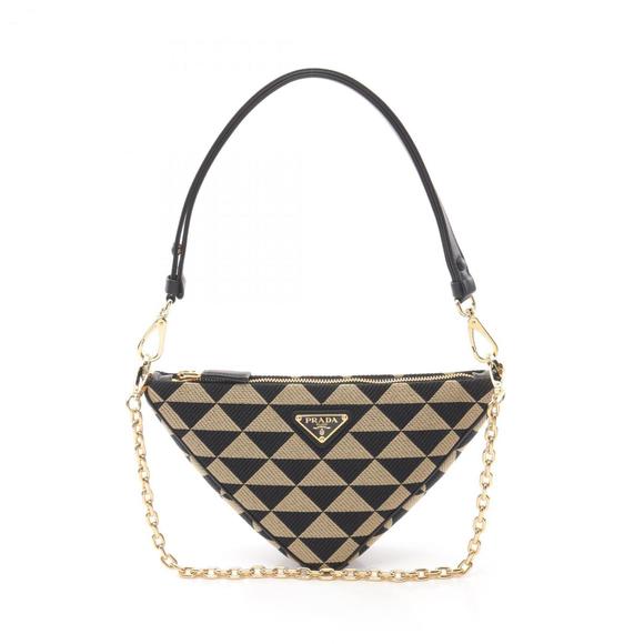 Prada Triangle Shoulder Bag, Canvas and Leather, Women's, Beige/Black, 1BC543 - Picture 1 of 5